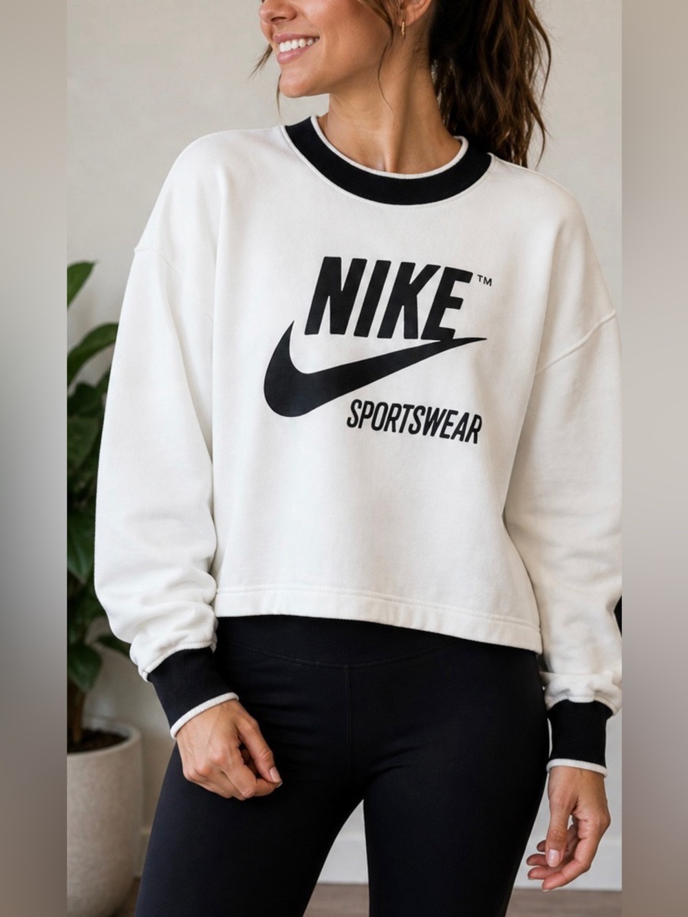 Nike White Crewneck Sweatshirt with Black Logo & Trim